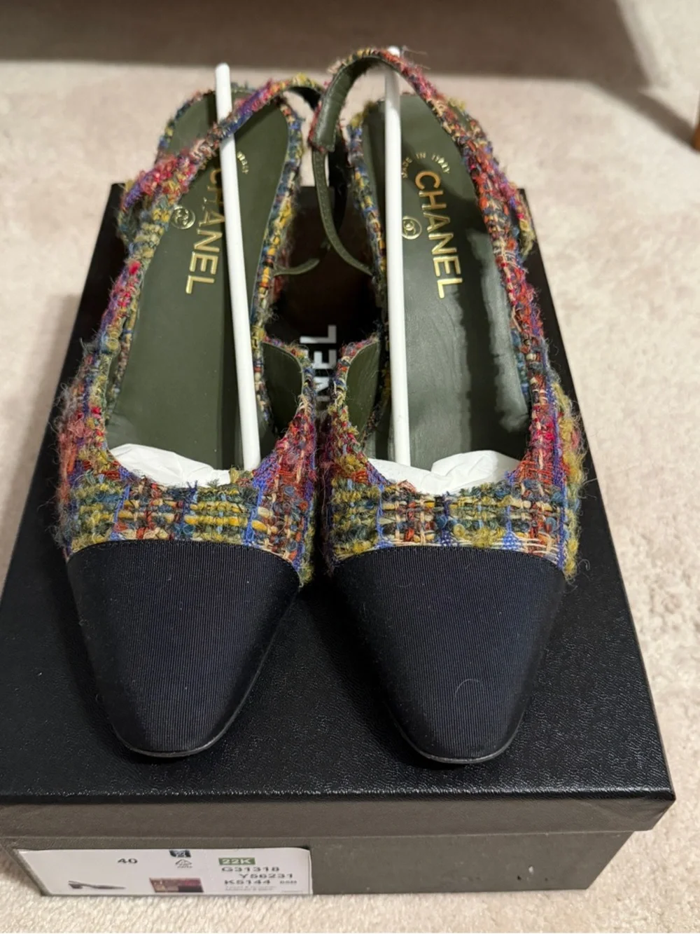 Chanel 22K Multicolor Tweed & Black Cap-Toe Slingbacks - Picture 2 of 8